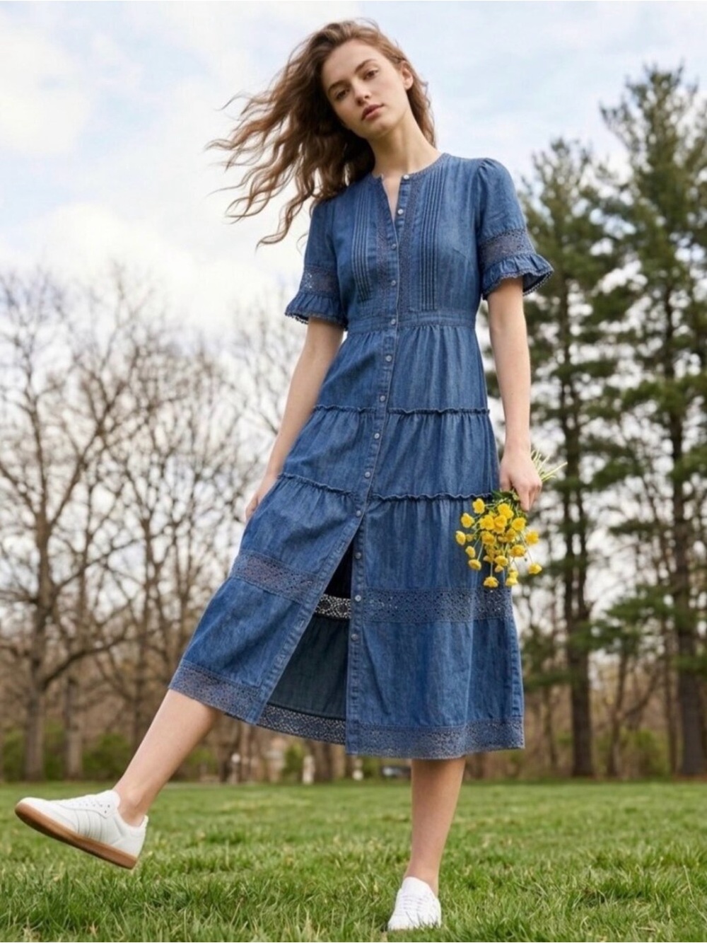 GAPXLOVESHACKFANCY Blue Denim Tiered Button-Front Midi Dress. Size large.